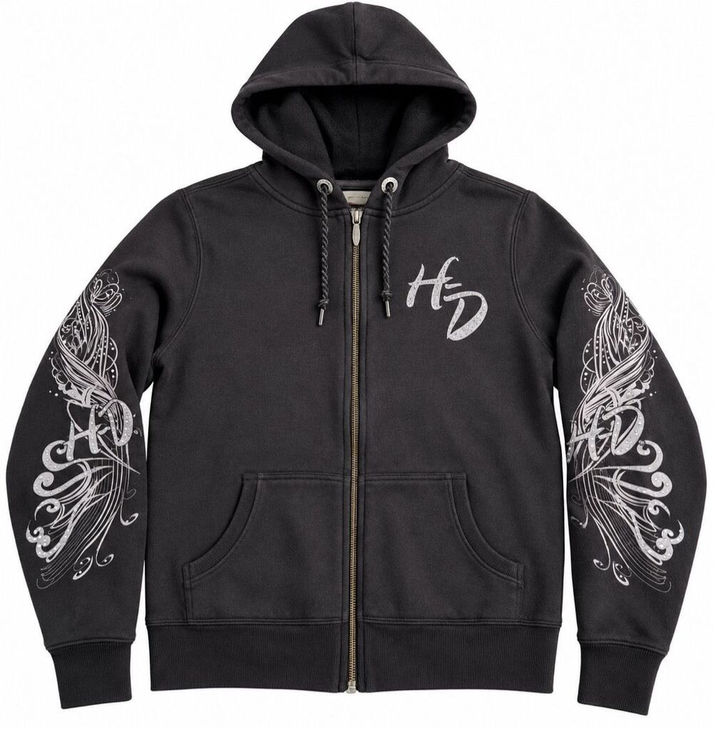 Harley Davidson Women’s Y2K Black Rhinestone Graphic Full Zip Hoodie Size Large